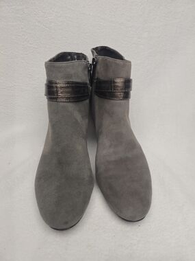Bandalino Grey Suede Ankle Boots with Metallic Accent